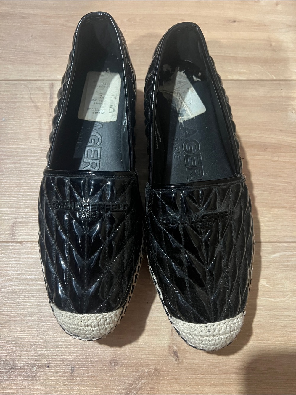 Karl Lagerfeld Black Quilted Patent Espadrille Slip-Ons